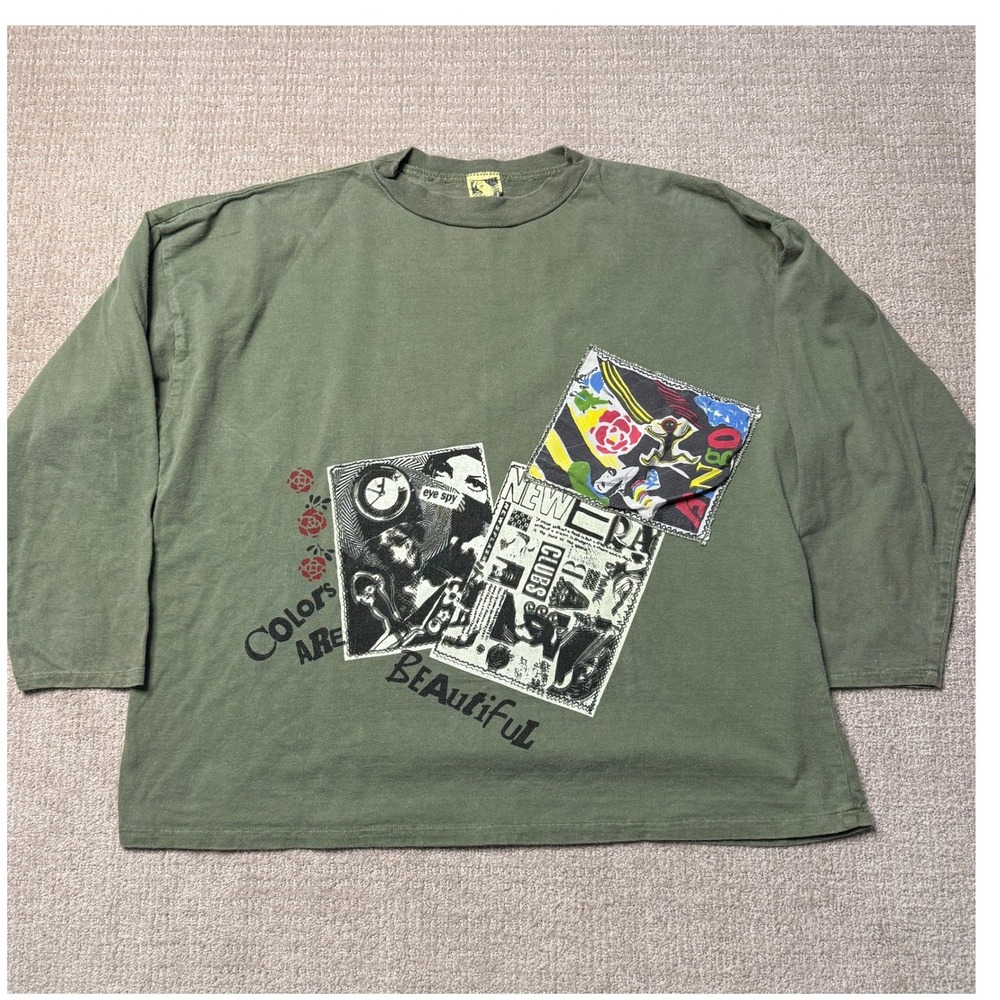 Bingo Oversized Long Sleeve Graphic T-Shirt Artsy Patches Olive Green‎ L
